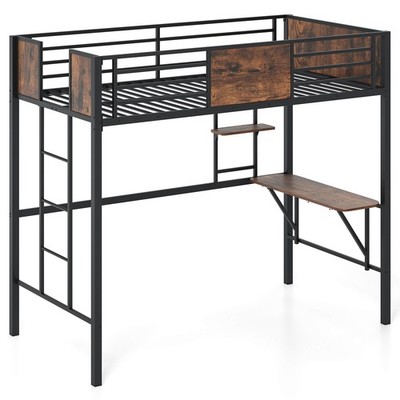 Twin Loft Bed with Desk Heavy-Duty Metal Bed Frame w/ Safety Guardrail & Ladder