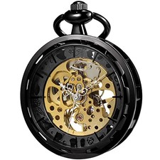 Mens Classic Steampunk Pocket Watch with Chain Skeleton Hand Wind Black