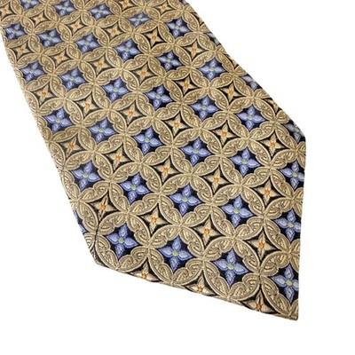 Emilio Ponti Necktie Men OS Tan Blue Geometric Medallion Silk Handmade Italy