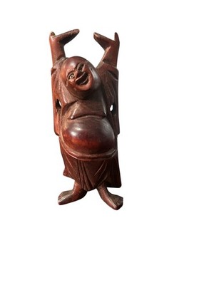 Vintage Hand Carved Wooden Laughing Buddha Statue 4'' Feng Shui Figurine Decor