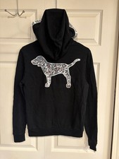 Victoria  s Secret PINK Silver Sequins PUP Back Pullover Hoodie Sz XS Black RARE