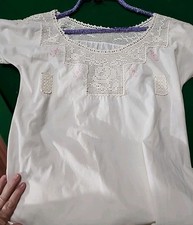 Edwardian Cotton Nightgown Crochet Chemis Tassels Pink Embroidered Flowers Long