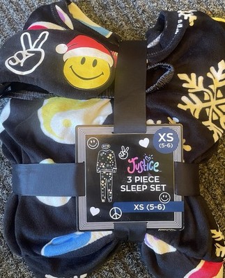 Justice Girls 5-6 XS Holiday velour Pajama Set 3 PIECES Christmas Black w/Emojis