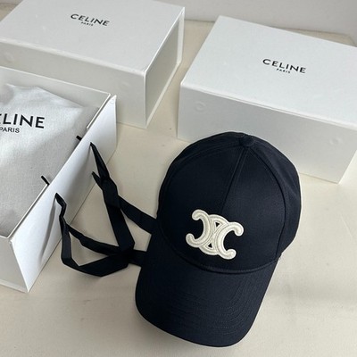 Celine Triomphe Black Baseball Cap Long Ribbon Strap Off White Logo