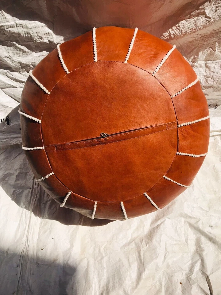 New Pouf Ottoman Leather Footstool Moroccan Brown Boho Round Pouffe - Image 2 of 4