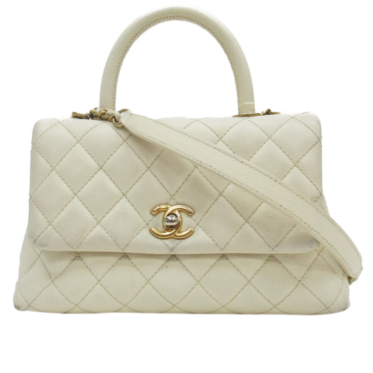 CHANEL White Coco Handle Shoulder Bag Quilted Caviar Leather