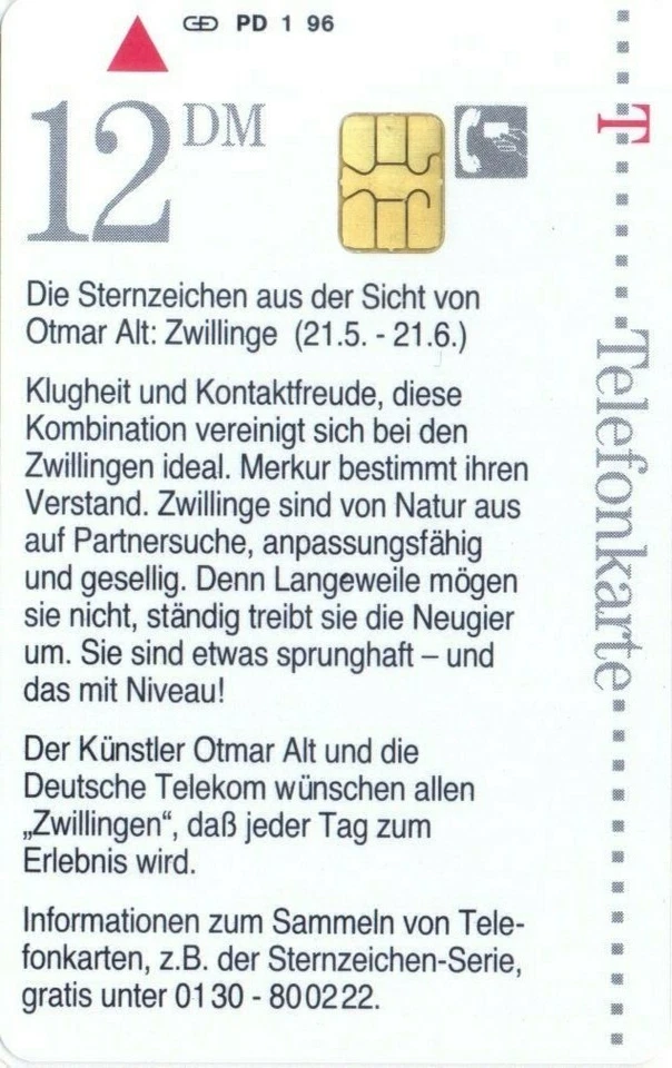 PD 1 96 Otmar Alt - Sternzeichen Zwillinge, Telefonkarte DD: 1601, ungebraucht!! - Bild 2 von 2