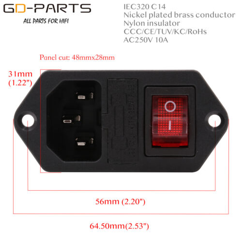 IEC320 C14 Macho Enchufe de Alimentación de CA Receptáculo Portafusibles Interruptor basculante Rojo 10A CE - Imagen 2 de 7