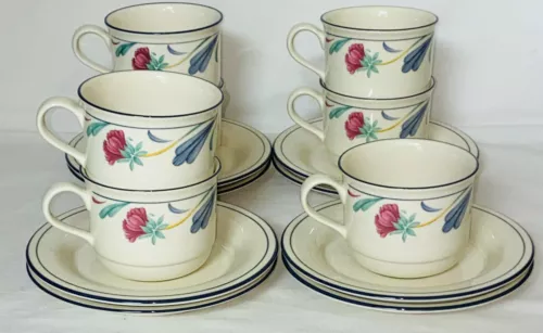 Lenox Chinastone *POPPIES ON BLUE*7 CUPS & 8 SAUCERS