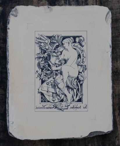 Lithographiestein DAME Exlibris Akt Erotik Lithostein Jugendstil Art Nouveau rar