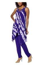Antthony 2pc TieDye Knit Handkerchief Hem Tunic Tank&Pant Iris