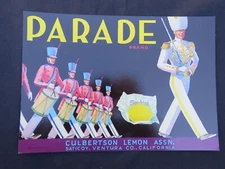 Parade Marching Band Original Vintage Lemon Crate Label Saticoy California 1940