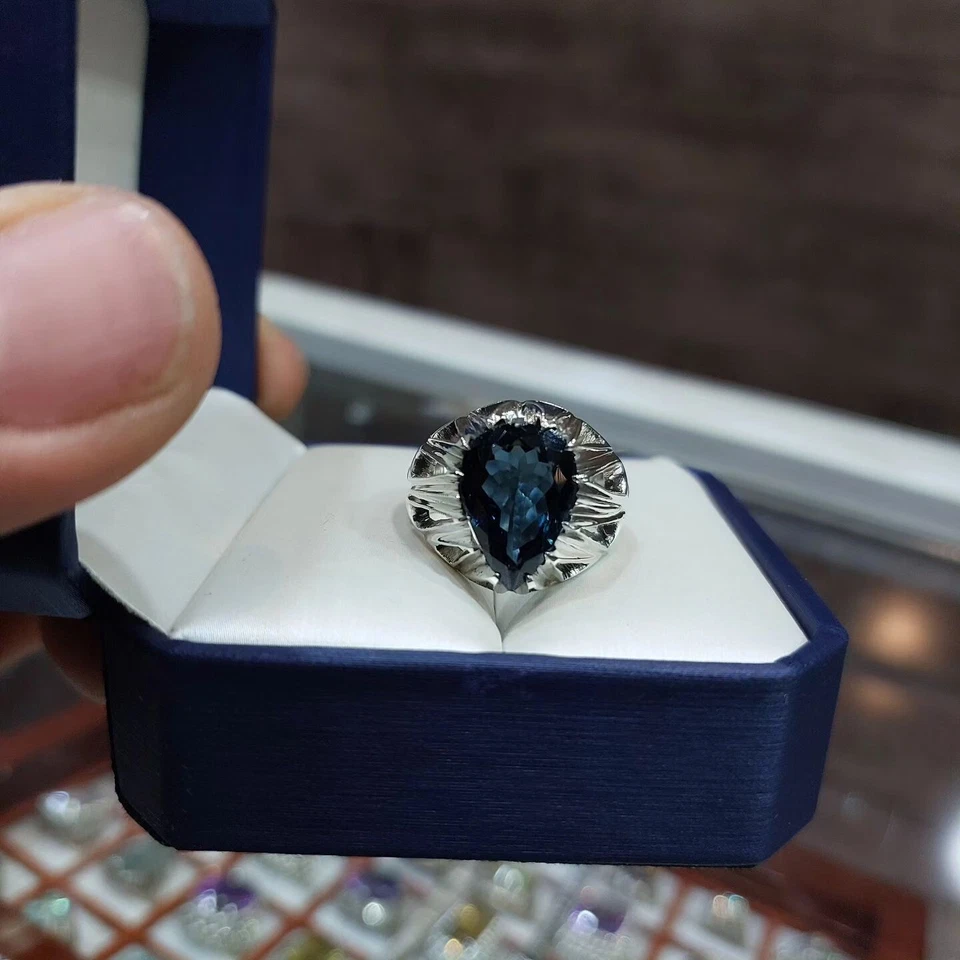 Кольцо из чистого серебра с натуральным лондонским голубым топазом швейцарским голубым топазом камнем - Изображение 4 из 4