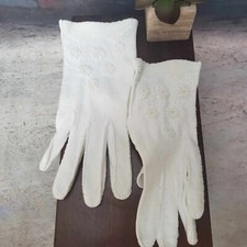 VTG Beaded Iridescent White Gloves Cotton Embroidered Short Bridal Victorian