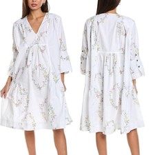 Ganni Floral Printed V-Neck White Organic Cotton Flowy Oversized Dress 40 NWT
