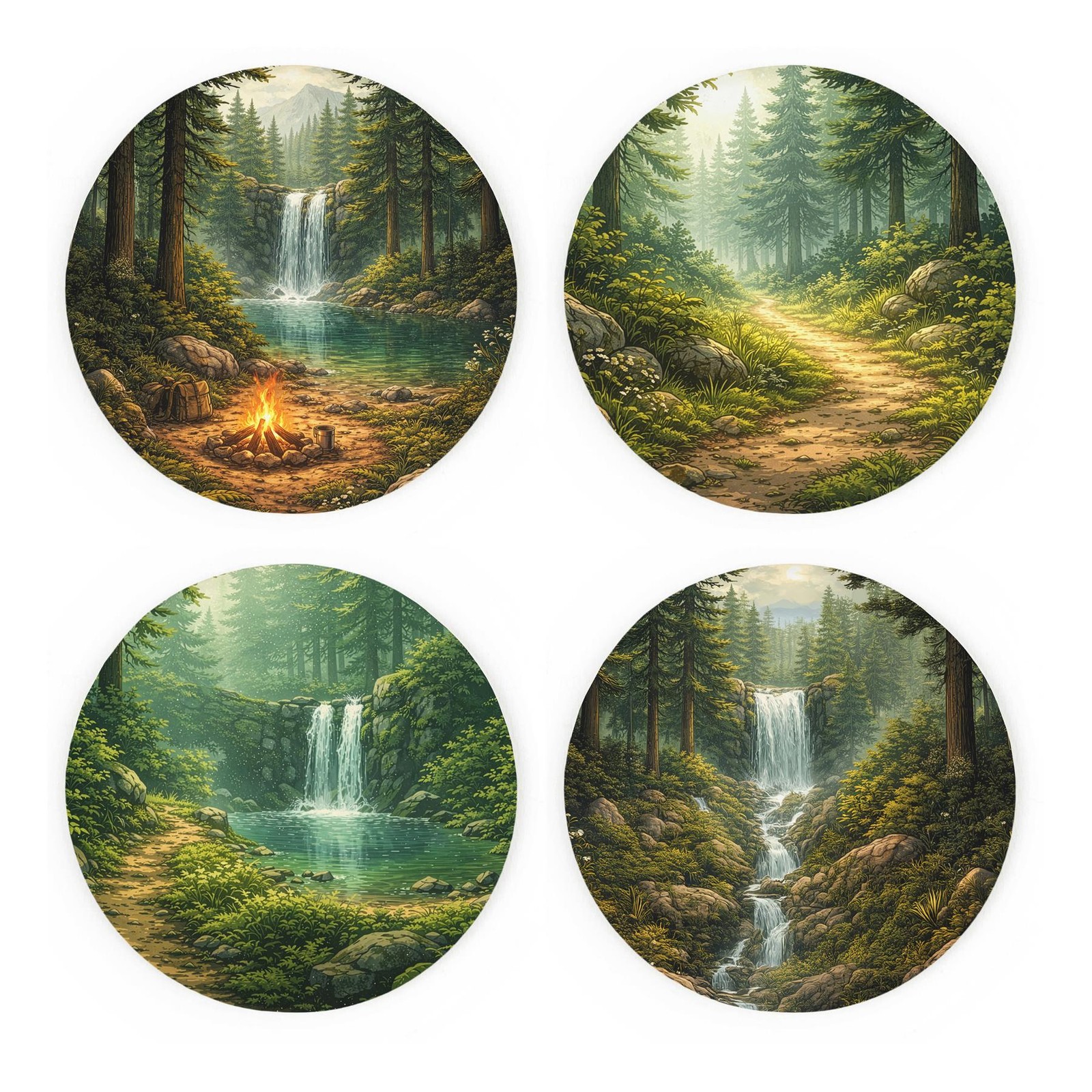 Camping Landscapes Ceramic Coaster Set - Round Table Coasters Gift, Set of 4