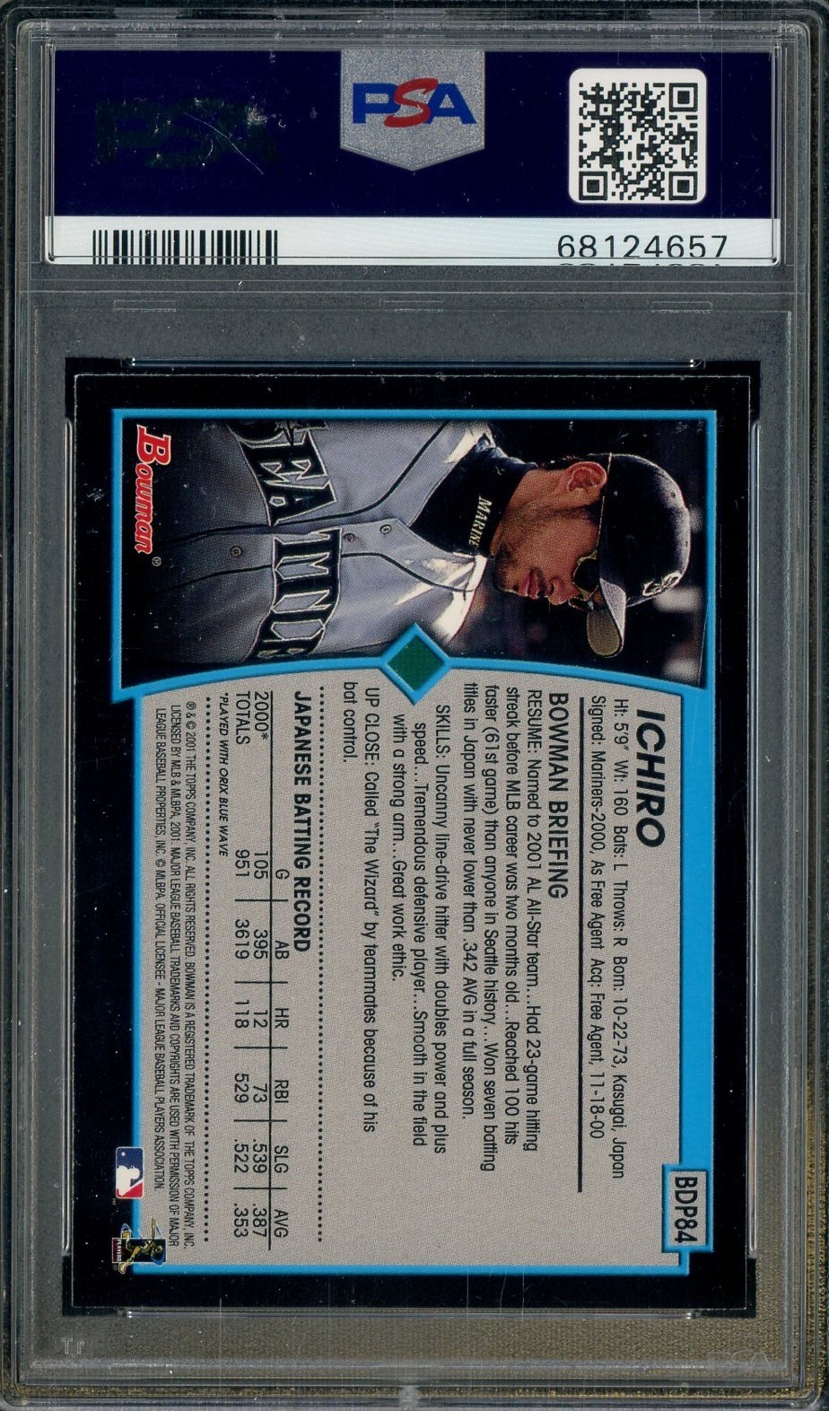 2001 Bowman Draft Picks #84 Ichiro Suzuki Seattle Mariners RC Rookie HOF PSA 9 view 2