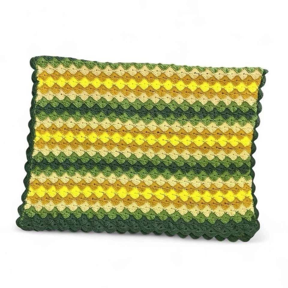 Manta afgana hippie boho vintage hecha a mano de ganchillo verde y amarillo Foto 2 de 4