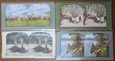 Vintage Stereoview Lot Color Buffalo Hunt Canoe Frontier Scenes (4 Cards)