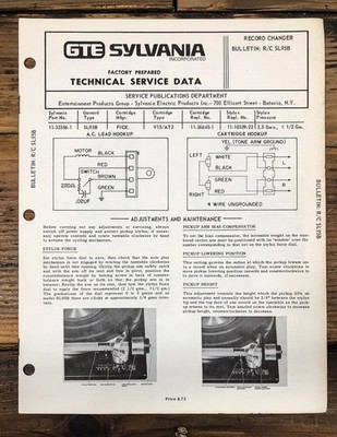 Sylvania / Garrard R/C Model SL95B Record Changer Service Manual *Original*