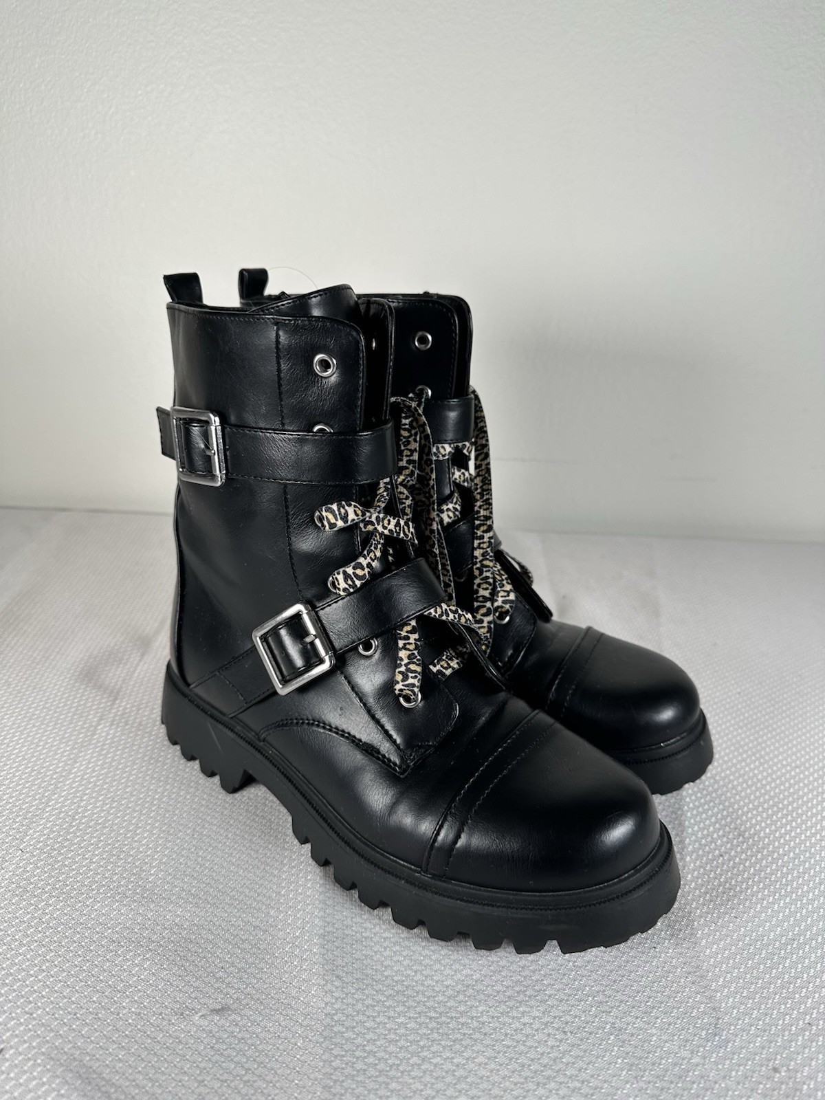 Arizona Women's Black Faux Leather Combat Boots Buckle Size 7.5 Grunge Platform