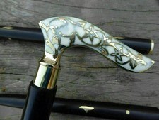 Mother of Pearl Style Cane Brass Floral Inlay Handle Vintage Walking Stick