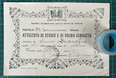 Rare Certificate of Study and Good Conduct School TOMMASEO-Turin 1933