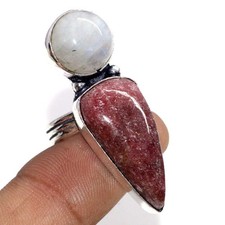 925 Silver Plated Long Rhodonite Rainbow Moonstone Ring Gemstone US 7.5 GW