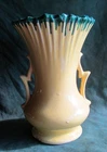 Vintage Signed McCoy Art Pottery Handled Vase in Gloss Yellow Drippy Green Lip
