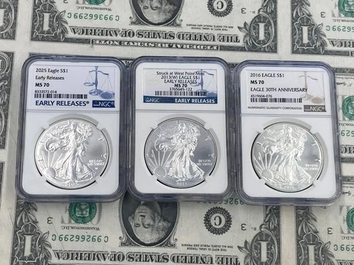 US American Eagle 1oz Silver Lot MS70 NGC 2016 30th Ann. 2025 Early Rel. 2013 WP