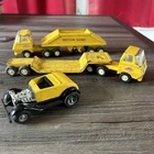 Lot of Vintage Tonka Bottom Dump Truck, Low Boy Car Trailer, Yellow Hot Rod Car