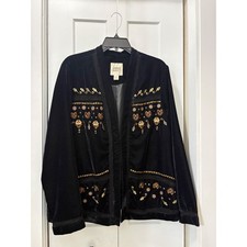 Vintage America Blues Black Velvet Embroidered Open Front Jacket XL Boho Studded