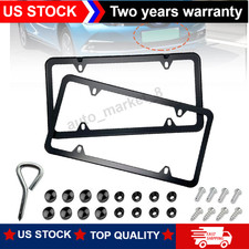 2x Black Stainless Steel Metal License Plate Frame Tag Cover With Screw Caps New