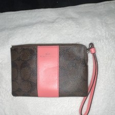 Coach Women's Brown Pink Logo Wristlet Wallet Credit Card Folding Zipper Strap
