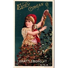 1890's Antique Brattleboro VT Estey Organ Co Victorian Trade Card Girl With Harp