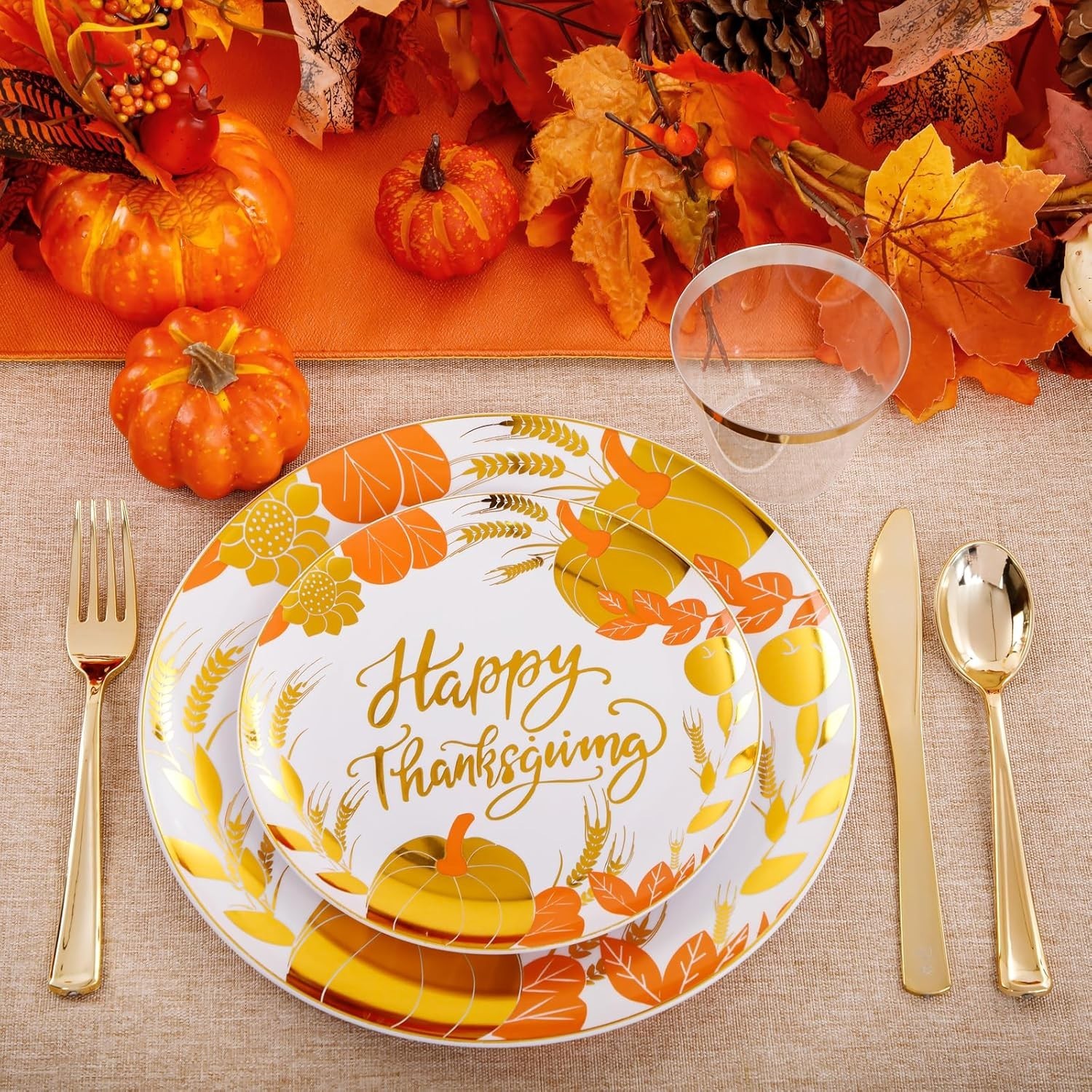 150PCS Thanksgiving Plates Dinnerware Pumpkins Plastic