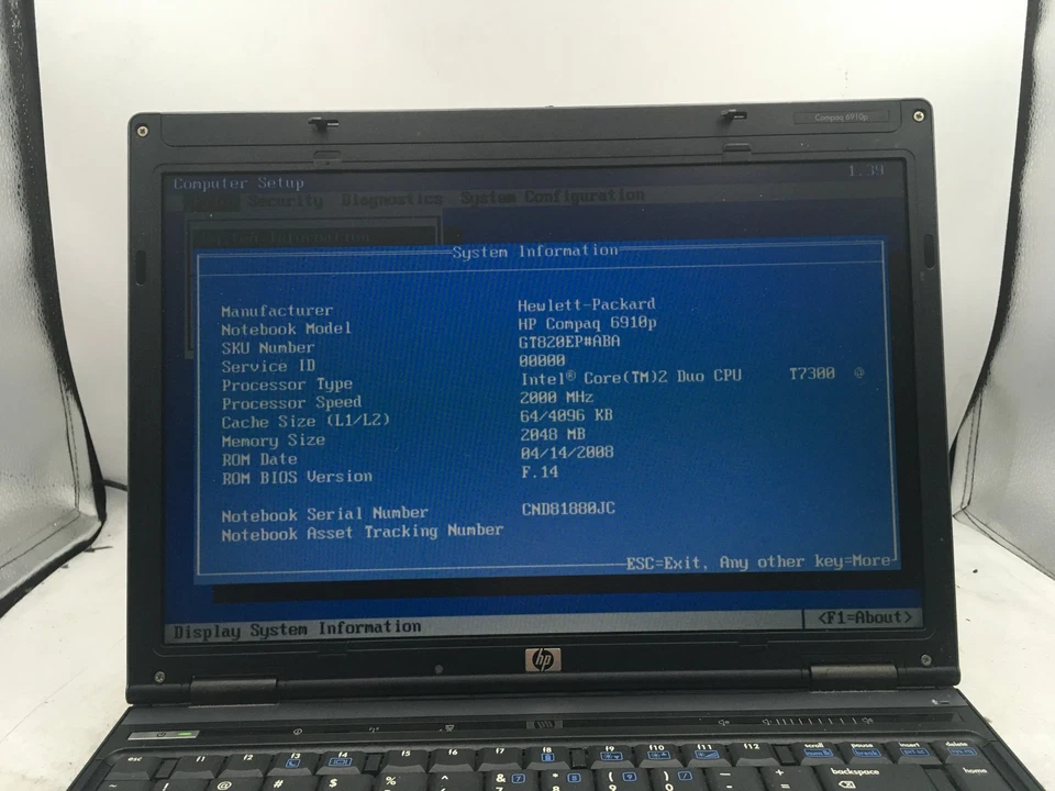 HP COMPAQ 6910P - BOOTS TO BIOS - INTEL T7300 - 2GB RAM - 14" - READ DESC - BB - Image 2 of 4
