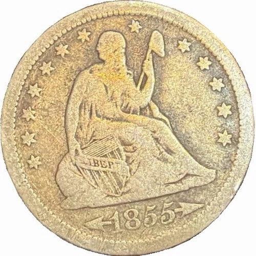1855 90% Silver Seated Liberty Quarter Dollar
