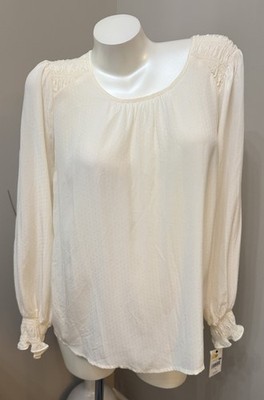 NEW Ophelia Roe Textured Cream blouse Gathered Shoulder Cuffs Sz M Lightweight