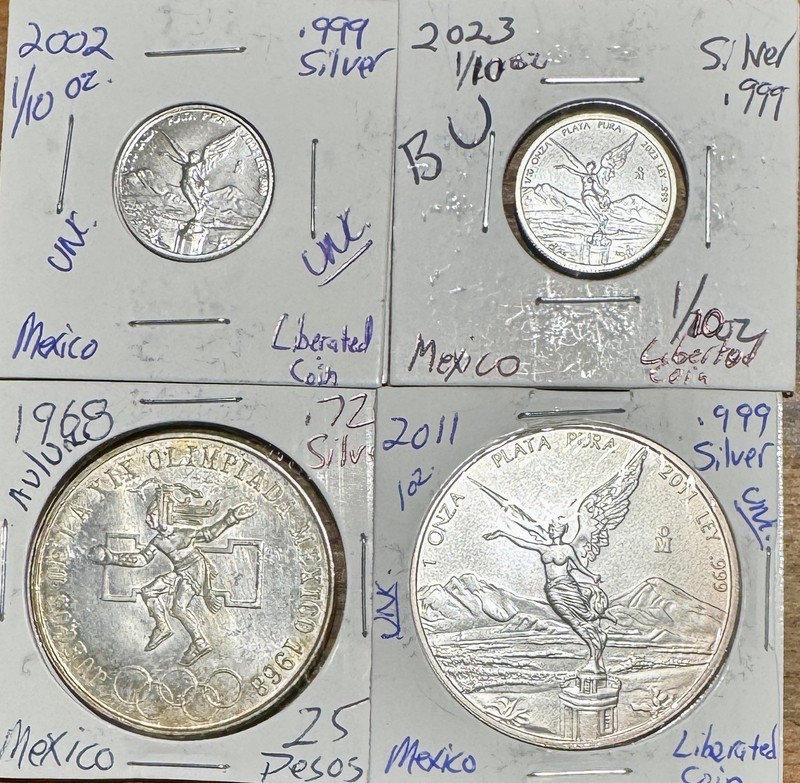 2011 .999 Silver Mexican Libertad 1 oz & 1968 25 Pesos AU Silver Coins + 1/10 oz