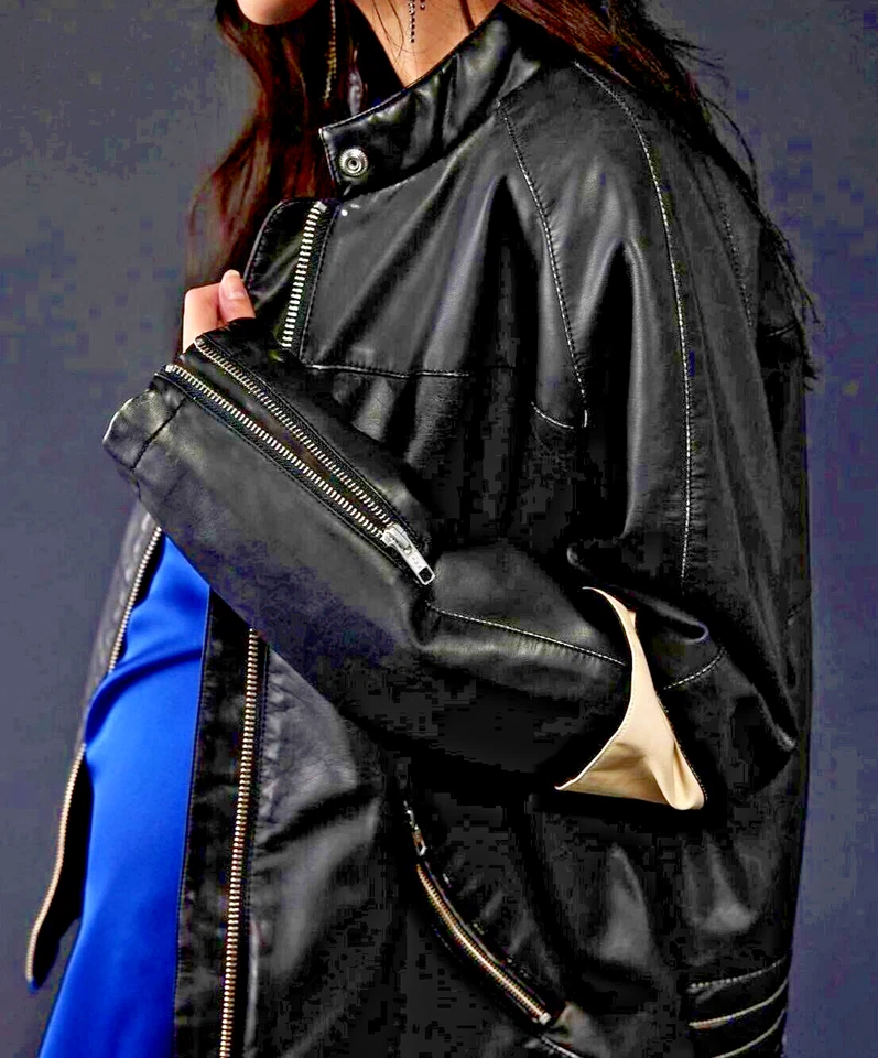 Free People Ryder Sport Vegan Moto Jacket XS Black Cream Stripe We The Free - Image 2 of 4