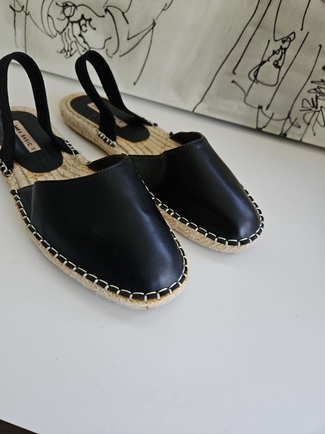 Zara Basic Black Flat Straw Woven Braided Sole El… - image 6