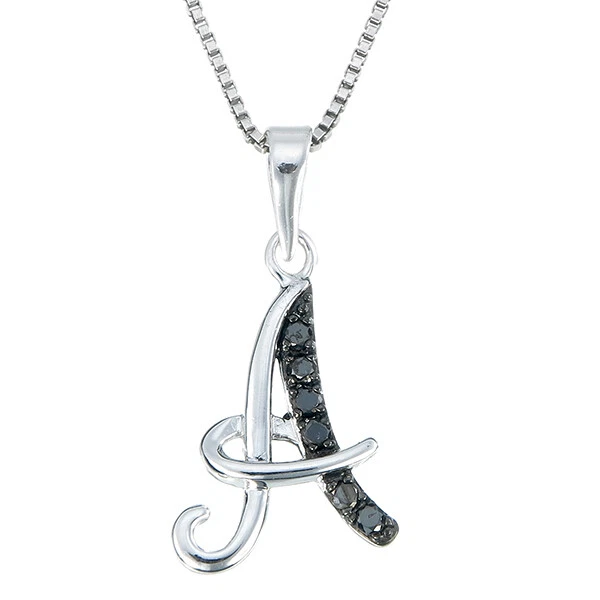 1/8 ct Black Diamond Pendant Necklace Alphabet Women .925 Sterling Silver 1 Inch - Imagem 2 de 4
