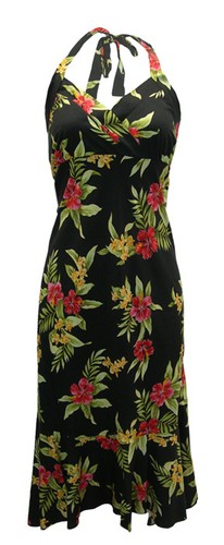 Hawaiian Black Colorful Hibiscus Closeout Halter Rayon Summer Beach Dress-M-2XL  | eBay