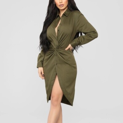 Fashionnova Knot Available Olive Army Green Shirt Wrap Dress Large Long  Sleeve