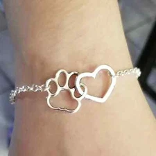 Open Heart and Paw Print Bracelet, Silver Paw Print Bracelet, Dog Lover Gift