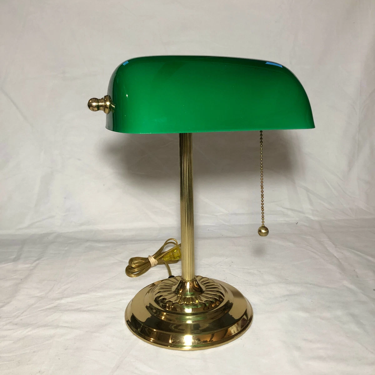 Vintage Bankers Brass Desk Lamp Emerald Green Glass Shade Brass Base Pull Chain