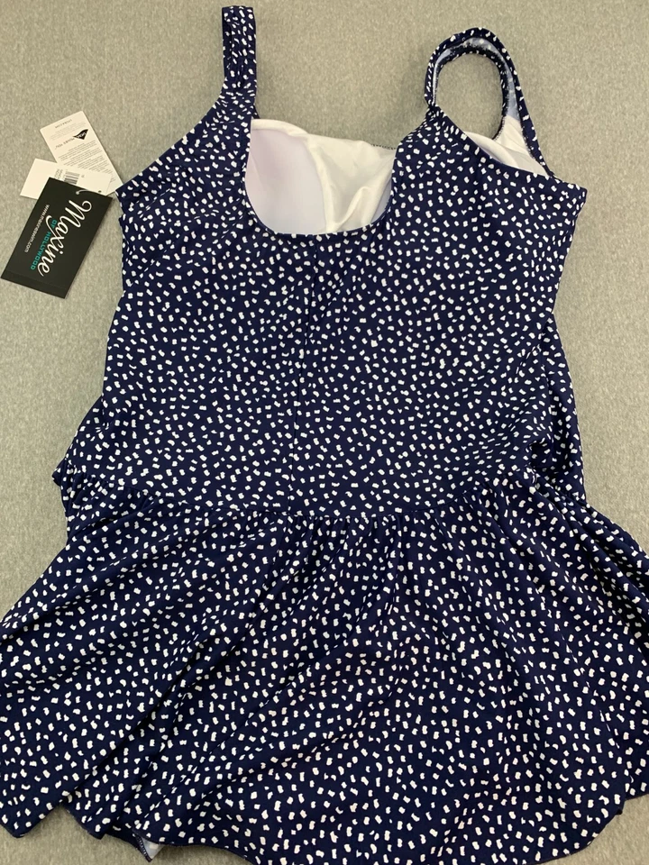 Maxine of Hollywood Princess Seam Swim Dress 1 PC Swimsuit Women 18 Blue Dot - Image 2 of 4