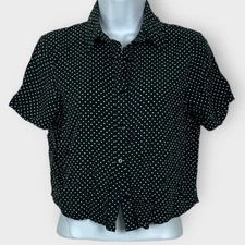 Love Notes Medium Short Sleeve Button Up Blouse Black White Dot Boxy Cropped