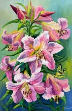Original Oil Painting Flowers Blooming Pink Lilies Floral Impression Art 24x16"